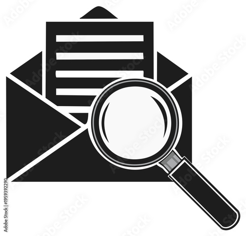 Magnifying glass examining letter in envelope, concept of email verification, black and white.