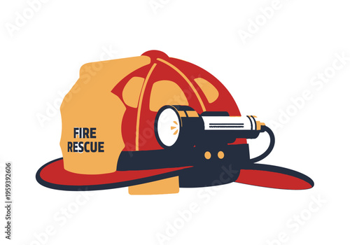 Firefighter helmet with flashlight and 'Fire Rescue' label, representing emergency services and safety