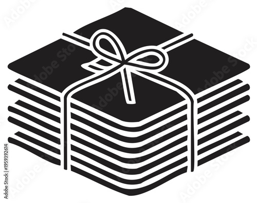 Stacked papers and documents tied with a ribbon and bow for organization or presentation