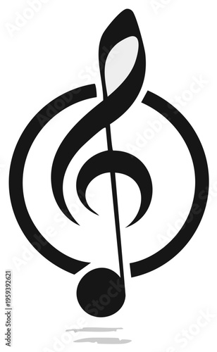 Stylized musical treble clef symbol with a note and circular staff in black and white