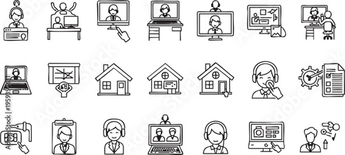 Black and white line of people working remotely on computers and communicating remote work