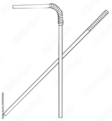 Two drinking straws with flexible part sketch style. Single use plastic product contour lines