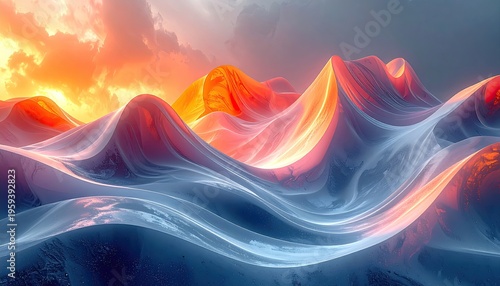 Abstract ice waves glow under sunset's fiery sky.