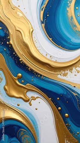 Swirling blue, gold, and white abstract fluid art texture
