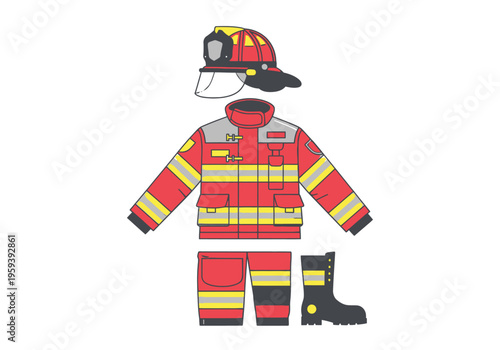 Firefighter gear illustration of a full protective outfit including helmet, jacket, pants, and boots