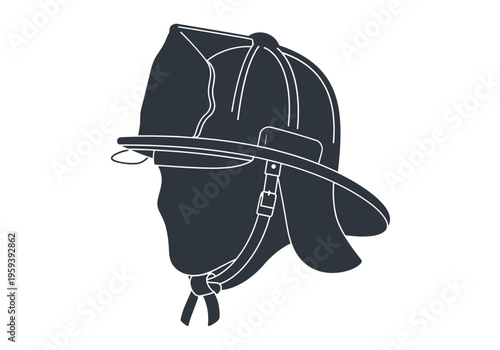 Dark silhouette of a firefighter's helmet with protective features and chin strap
