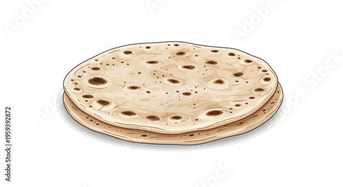 Stack of fresh chapati flatbread on white background, Indian food illustration