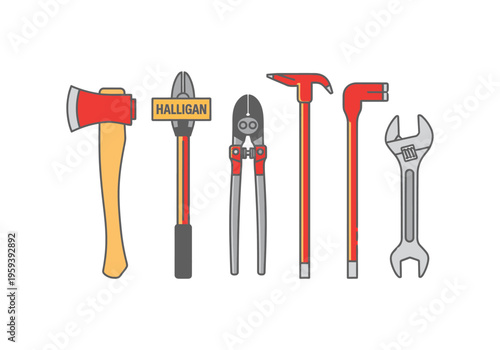 Collection of various hand tools including axe, halligan bar, bolt cutters, crowbar, and adjustable wrench