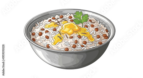 Bowl of fluffy rice with butter and garnish, isolated on white background