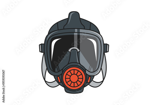 Respirator mask graphic illustration with orange accents on white background, safety equipment