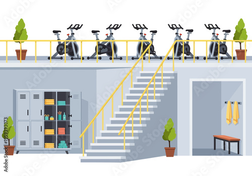 Fitness studio interior with gym equipment, lockers and stairs