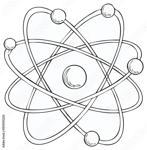 Diagram of an atom with orbiting electrons and a nucleus, representing atomic structure and science