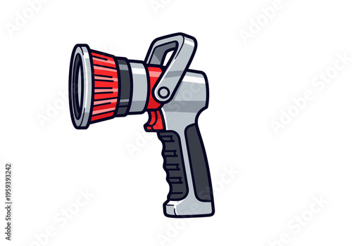 Illustration of a fire hose nozzle with a handle and adjustable spray setting for firefighting equipment