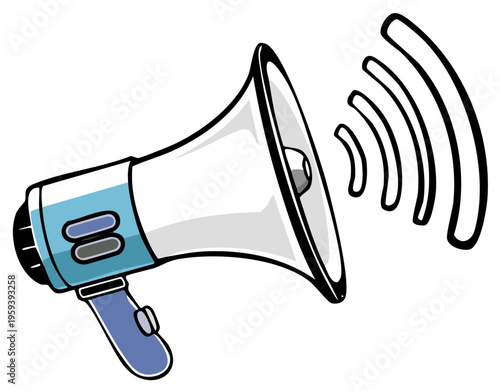 Illustration of a blue and white megaphone broadcasting sound waves, cartoon style