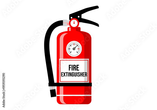 Red fire extinguisher with a pressure gauge and black hose, safety equipment for emergencies