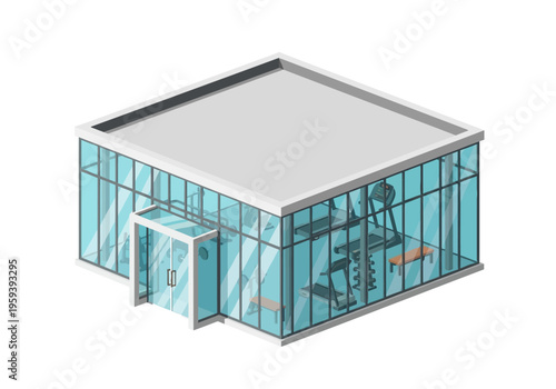 Modern glass-walled gym with cardio equipment and weight machines visible inside
