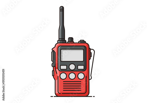 Red portable two-way radio communication device with antenna and buttons for instant connectivity