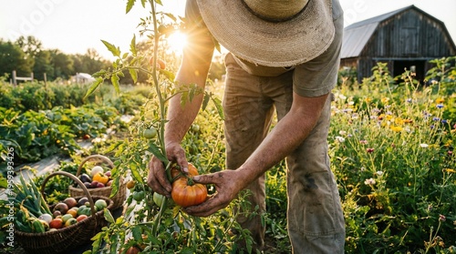 Farmer harvesting ripe tomato from lush garden field at sunset