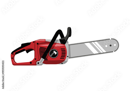 Illustration of a red and silver chainsaw used for cutting wood and branches