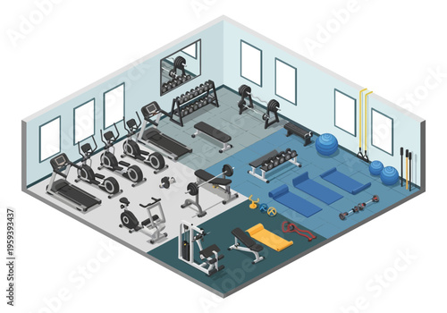 Isometric illustration of a well-equipped gym interior with various exercise machines and fitness accessories