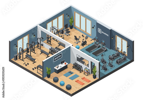 Isometric view of a modern, well-equipped gym with cardio and weight training areas