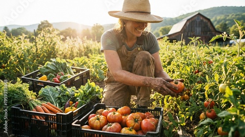 Woman picking fresh tomatoes in a lush green farm field with crates