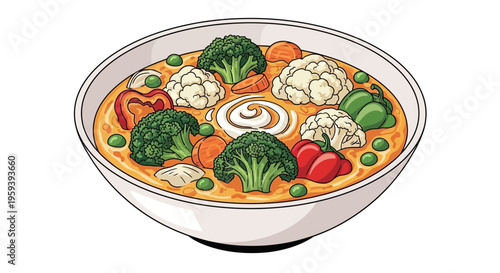 Healthy vegetable curry in a bowl, isolated on white background