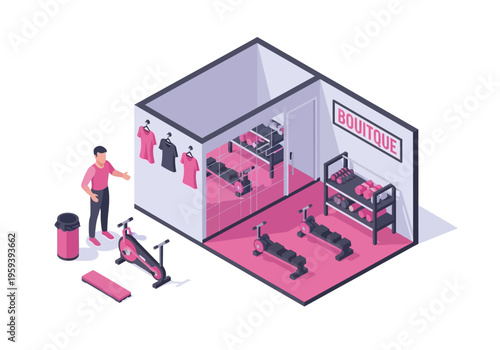 Isometric gym boutique interior design with workout equipment and a male customer shopping