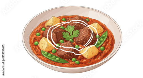 Hearty Beef Stew with Potatoes and Peas in a White Bowl