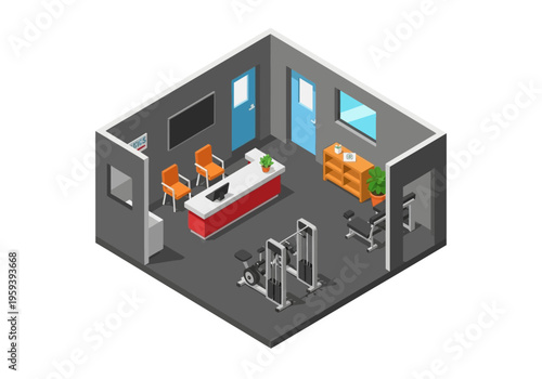 Isometric view of a modern gym reception area with workout equipment and office furniture