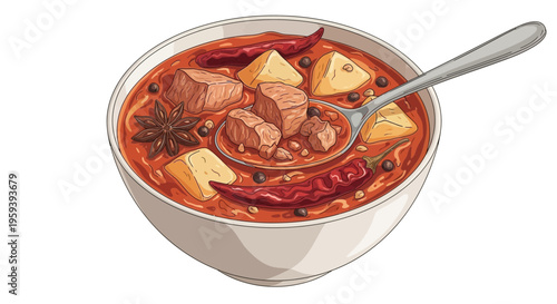 Hearty Stew with Meat, Potatoes, and Spices in Bowl, Spoonful