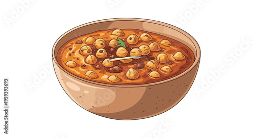 Illustration of a bowl of chana masala, a popular Indian dish, garnished with a mint leaf.