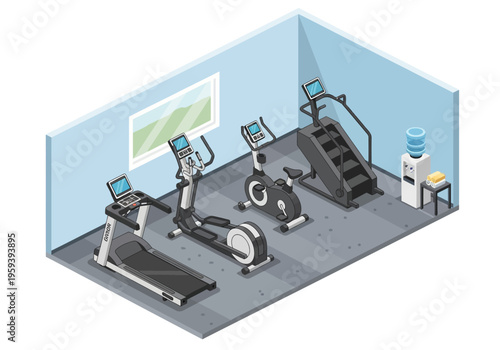 Isometric gym interior with cardio machines and water cooler