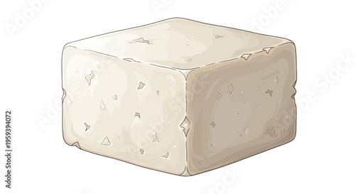Single block of creamy white tofu with rough edges, isolated on white background