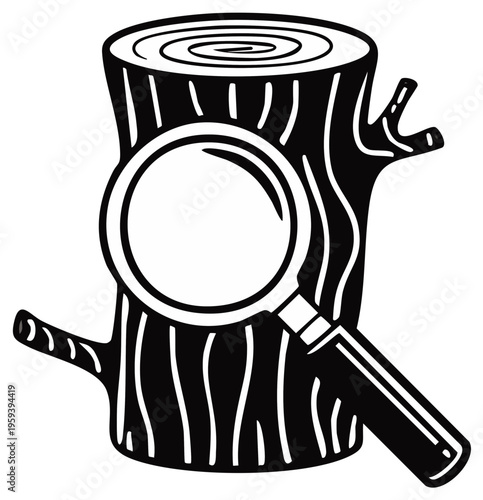 Magnifying glass examining a tree stump in black and white illustration
