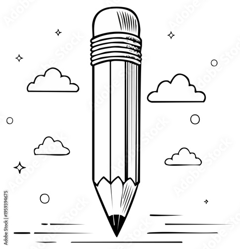 Cartoon pencil design with clouds and decorative elements