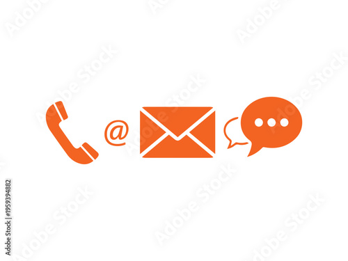 Orange icons depicting telephone, at symbol, envelope, and chat bubble represent various methods of customer communication.