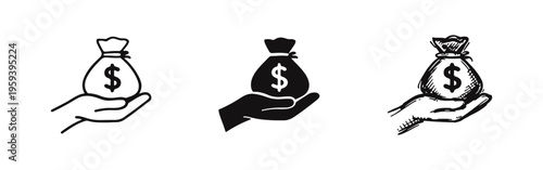 Hand holding money bag icons. Financial income and savings symbols. Payment wealth vector set in outline, solid, and sketchy styles.