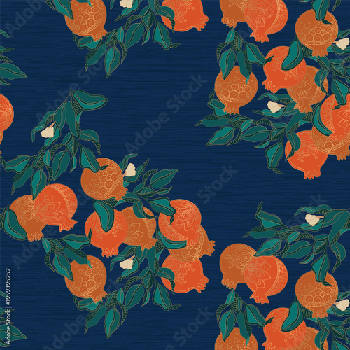 Seamless pomegranate pattern with leaves in vintage asian botanical style