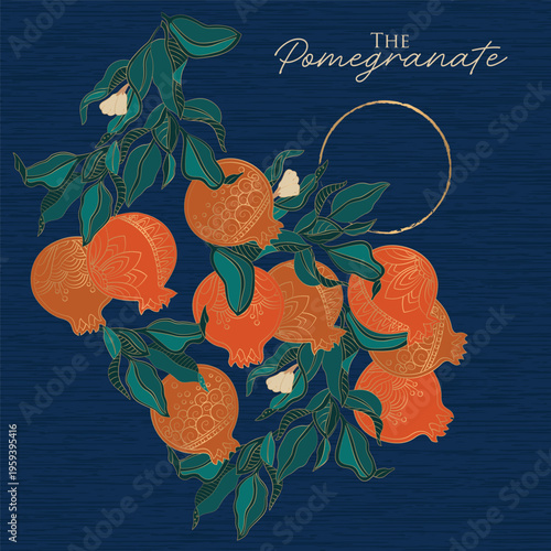 Vintage pomegranate branch composition with copy space in elegant asian decorative style