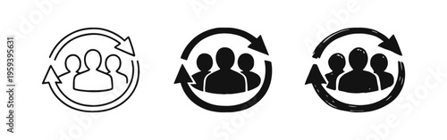 Group of people with circular arrows icons. Team synchronization and user refresh symbols. Collaboration cycle vector pack in outline, solid, and sketchy styles.
