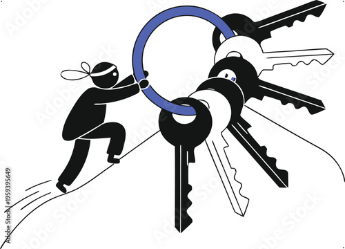 Ninja-like figure pulling a giant keyring with multiple keys, symbolizing access, security, and overcoming challenges.