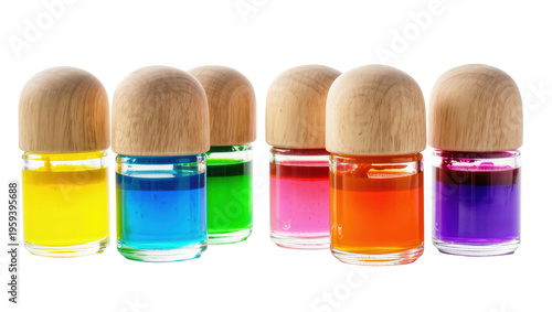 Foto Vibrant rainbow of liquid art pigments in small glass bottles with natural woode