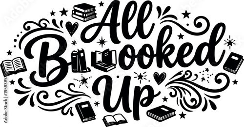 All booked up calligraphic script lettering with books and stars vector art
