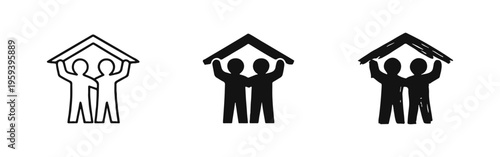 Two people holding roof icons. Home shelter and real estate symbols. Family support vector set in outline, solid, and sketchy styles.