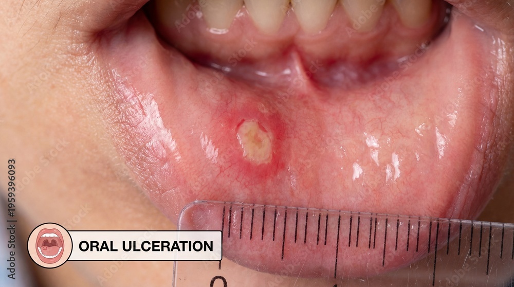 Obraz premium Close-up of Oral Ulceration with Measuring Ruler for Medical Study
