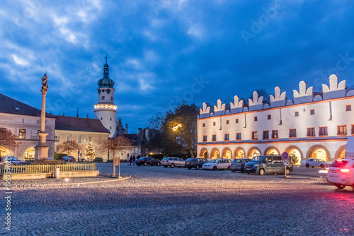 Night view of Husovo namesti square in Nove Mesto nad Metuji, Czechia