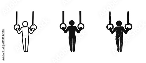 Gymnast on Still Rings Icon Set, Artistic Gymnastics Apparatus in Outline, Solid, and Hand-Drawn Styles