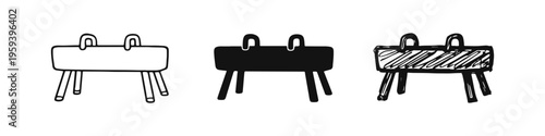 Pommel Horse Gymnastics Icon Set, Artistic Gym Apparatus in Outline, Solid, and Hand-Drawn Styles