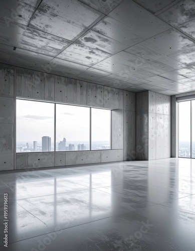 A minimalist concrete interior with large windows overlooking a city skyline.